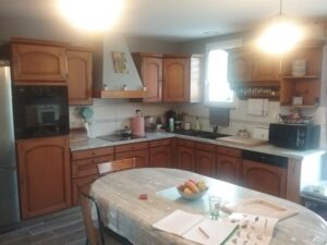 cuisine américaine en bois massif avant la relooking avec tiroir et porte fané